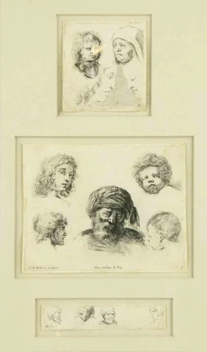 Stefano Della Bella, Study of Faces, Original Etching, 17th-Century