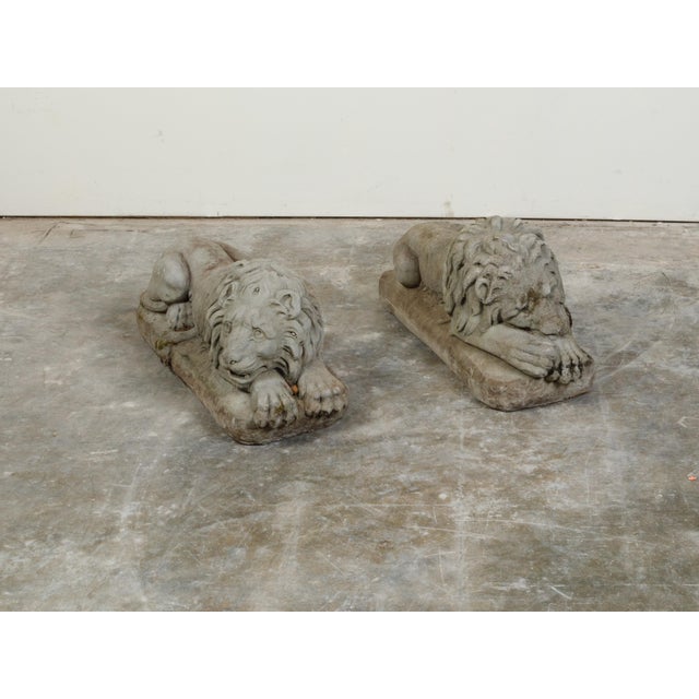 Pair of English 1920s Cast Stone Reclining Lion Sculptures on Conforming Bases For Sale In Atlanta - Image 6 of 10