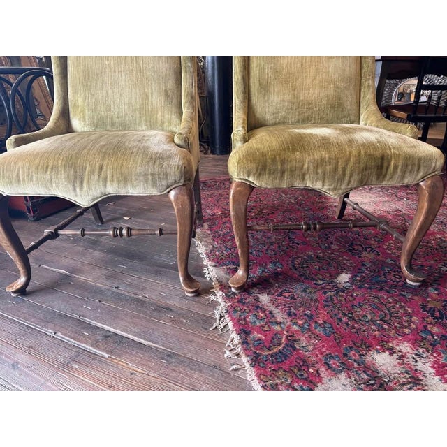 1980s Pair Vintage Ethan Allen Celadon Green Cotton Velvet Slipper Chairs For Sale - Image 5 of 9