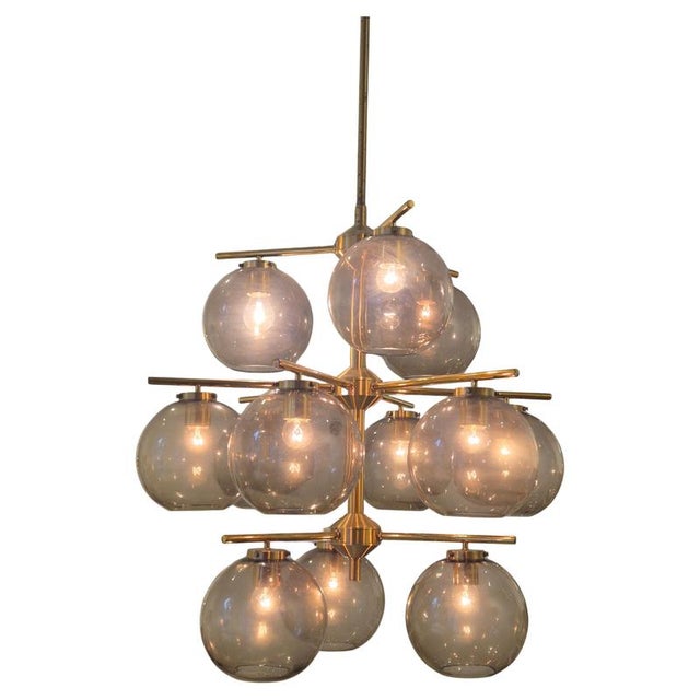 Scandinavian Modern Chandelier in Brass and Grey Glass by Holger Johansson, 1970s For Sale - Image 17 of 17