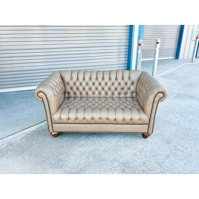 Wood 1970s Vintage Tan Leather Tufted Chesterfield Loveseat For Sale - Image 7 of 12