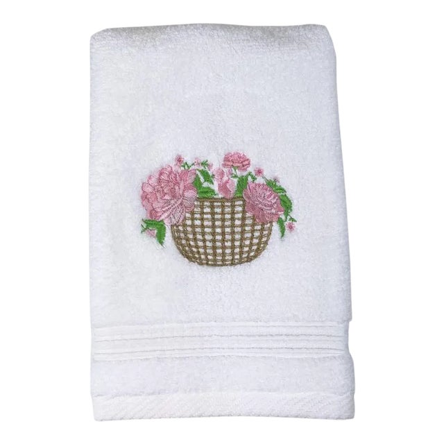 Basket of Peonies Guest Towel in White Terry, Embroidered For Sale