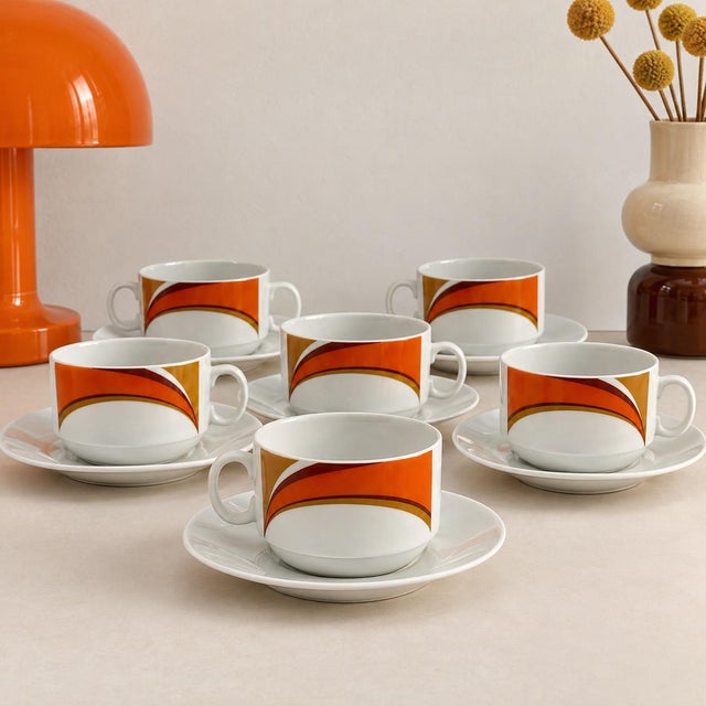 Bavaria Orange Graphic Coffee Cups from Schirnding, 1970s, Set of 6 For Sale - Image 3 of 8