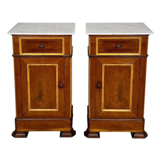 Pair of Spanish Wooden Nightstands with Marble Top, 1930s For Sale
