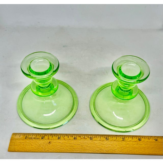 Green Vintage Green Uranium Glass Candlestick Holders Pair 1930s Depression Glass For Sale - Image 8 of 12