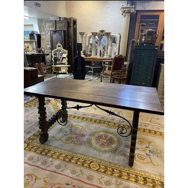 Spanish Table in Walnut and Wrought Iron, 1890s For Sale - Image 3 of 4