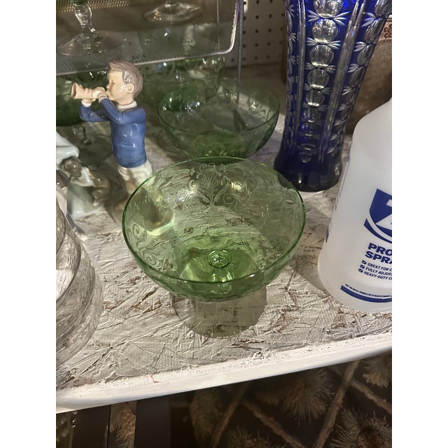 Art Deco Early 20th Century Fostoria Versailles Green Uranium Glass Dessert Plate & Bowls- 10 Pieces For Sale - Image 3 of 12