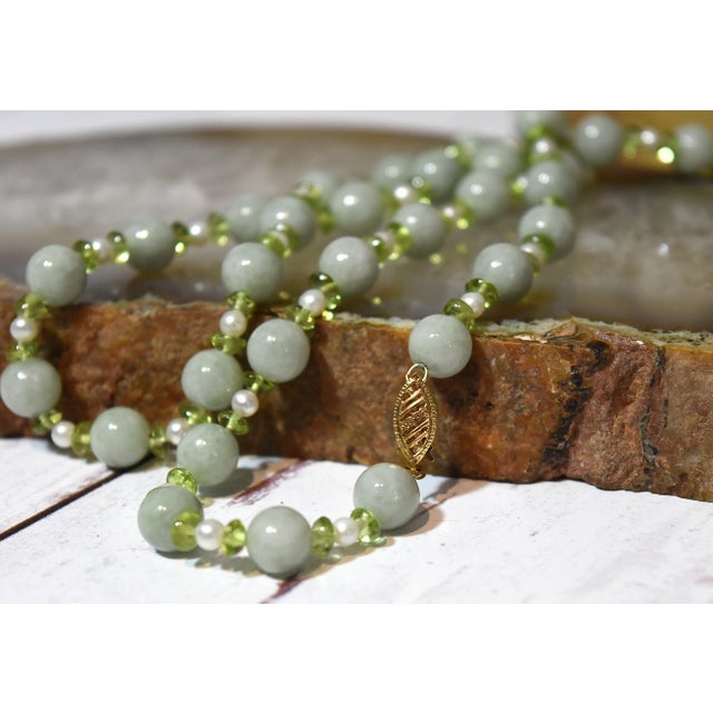 Natural Green Jadeite Beaded Necklace With Pearls and Peridot 14k Gold For Sale - Image 9 of 13