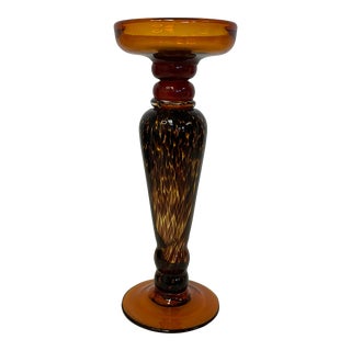 1970s Hand Blown Amber Cut to Tortoise Pillar Candle Holder For Sale