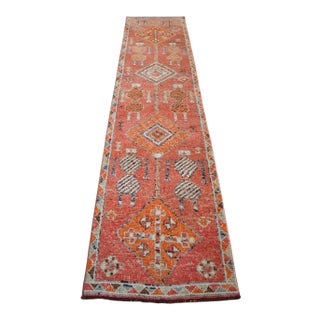 Antique Style Orange Runner Rug, Hand Knotted Turkish Carpet, 3x12 Vintage Area Rug, Rare Alien Motif Decor, Organic Modern Rug For Sale