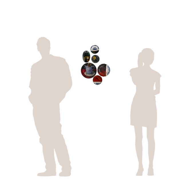 Wall Art Installation: Composition of Ceramic Plates and Oil on Canvas - "Still Life in Red and Blue" - Set of 6 For Sale - Image 10 of 10