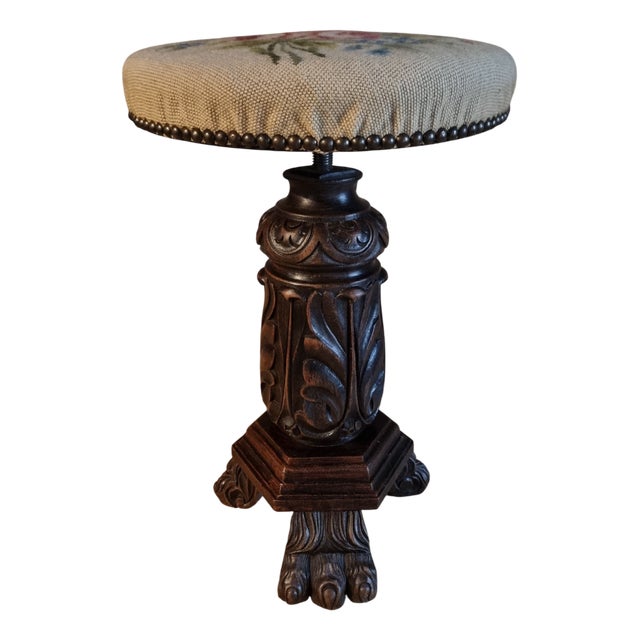 Antique Height-Adjustable Piano Stool in Carved Wood, 1900s For Sale