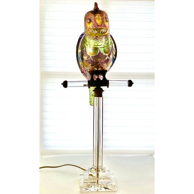 Art Deco 1930s Cut Glass Perched Painted Exotic Bird, Animalia Table Lamp For Sale - Image 3 of 13
