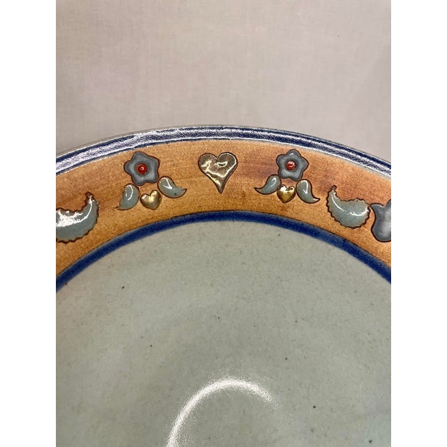 Vintage Folk Art Pottery Decorative Bowl in Pistachio Green, Blue, and Gold Finish For Sale - Image 10 of 10