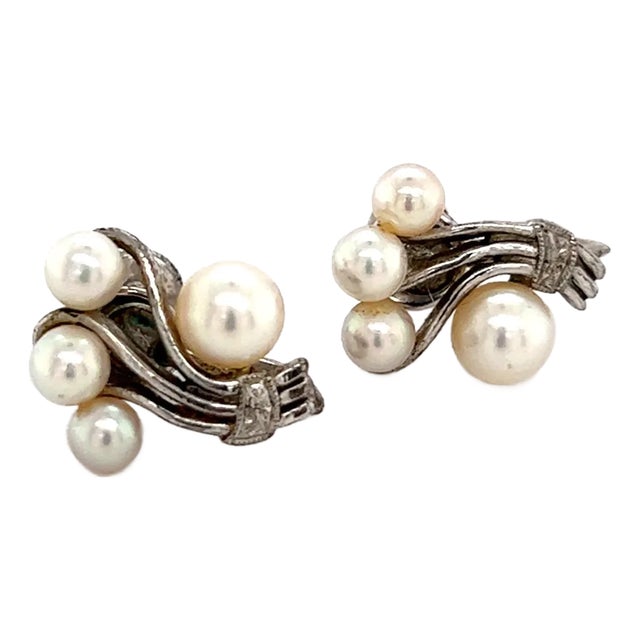 1990s Mikimoto Estate Akoya Pearl Earrings Sterling Silver, 2 Pieces For Sale
