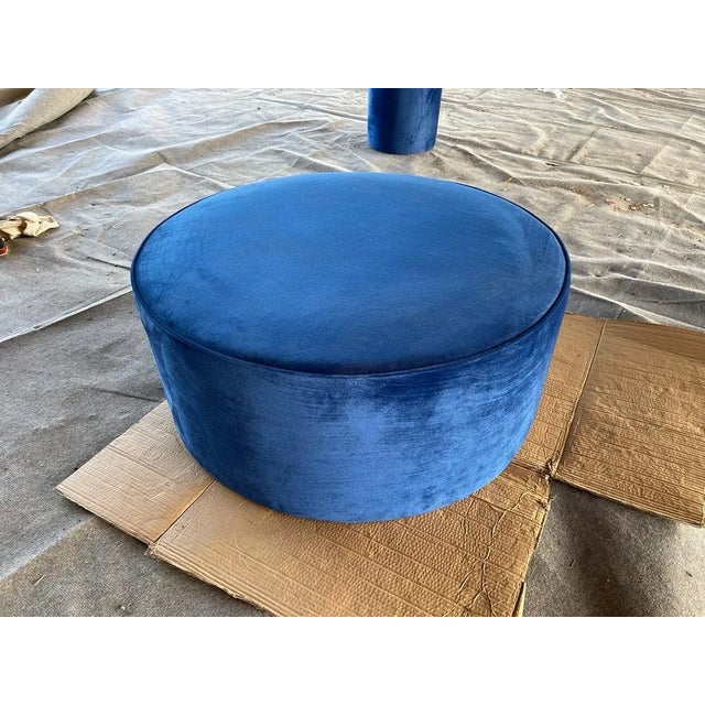 Large Round Blue Velvet Ottoman – Upholstered Accent Seating For Sale - Image 4 of 6