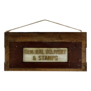 Salvaged Antique "General Delivery & Stamps" Gilded Sign on Frosted Glass and in Wood Frame For Sale