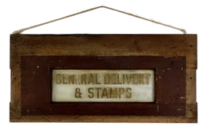 Salvaged Antique "General Delivery & Stamps" Gilded Sign on Frosted Glass and in Wood Frame