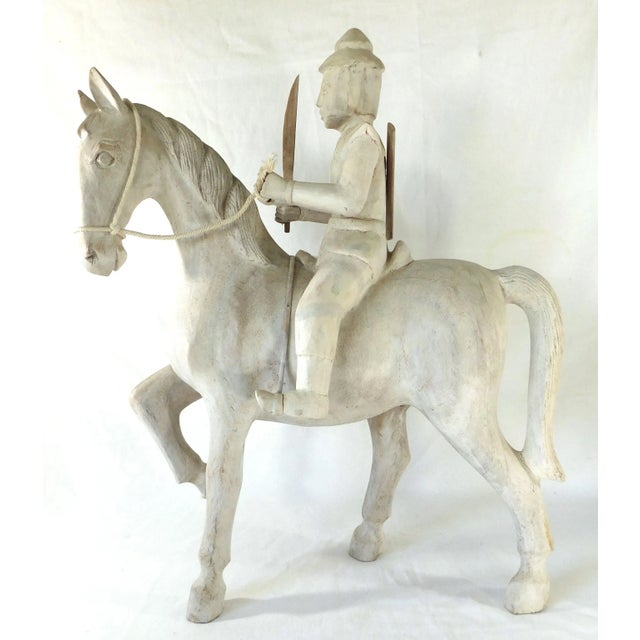 Fabulous large vintage Japanese man on Horseback carved wooden sculpture. Great details. Whitewash over wood. Circa...