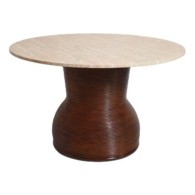 Round Dining Table in Rattan and Travertine, 1970s For Sale