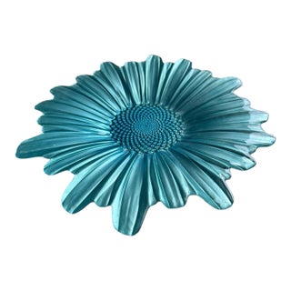 Vintage Turquoise Blue Art Glass Sunflower Bowl | Sculptural Floral Centerpiece For Sale