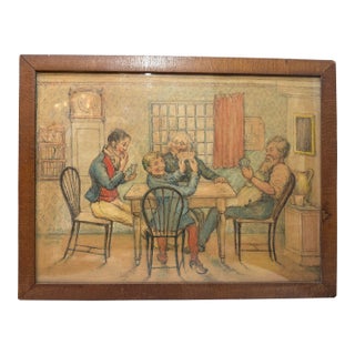 Antique 19th Century Original Men Playing Cards at Table Watercolor Painting For Sale