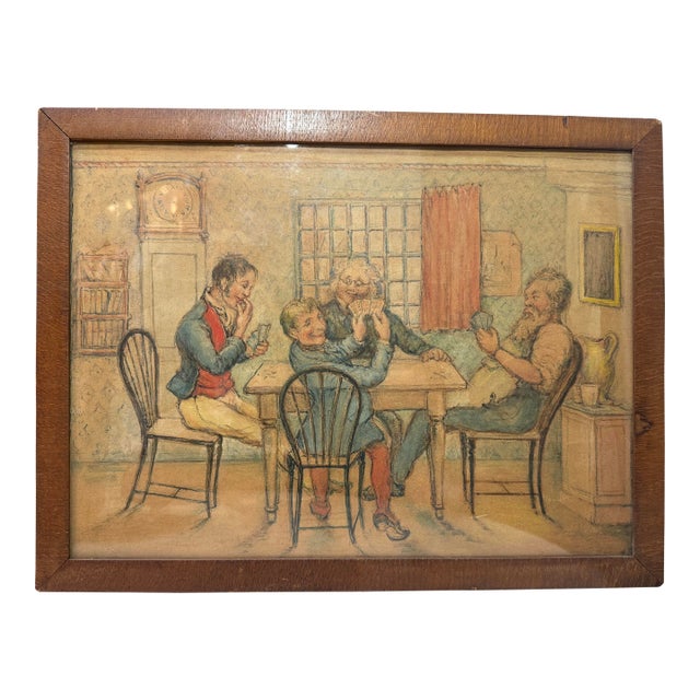 Antique 19th Century Original Men Playing Cards at Table Watercolor Painting For Sale