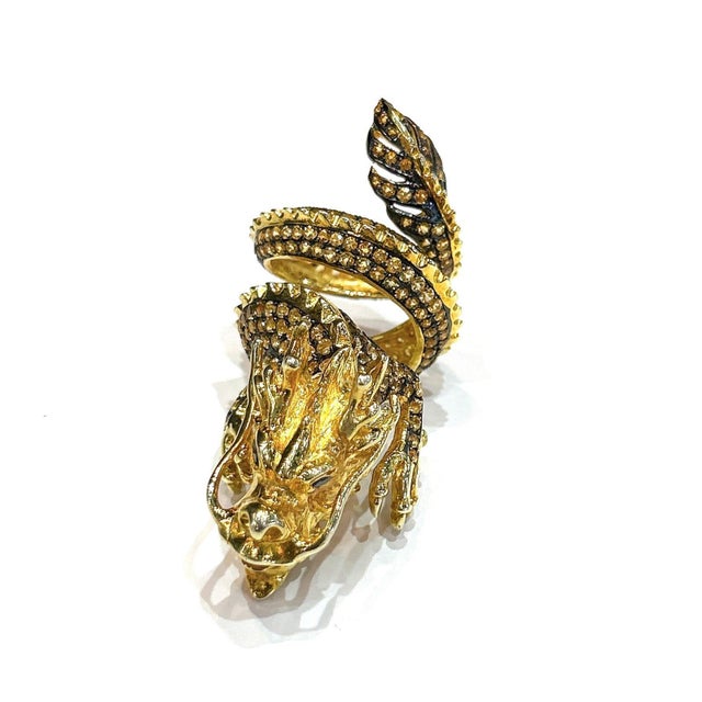 Metal Bochic "Orient" Neoclassical Dragon Yellow Sapphire Ring Set 18K Gold & Silver For Sale - Image 7 of 18