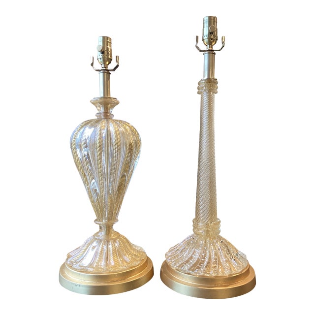 Vintage Murano Attributed Gold Aventurine Glass Table Lamps – Restored Set - a pair For Sale