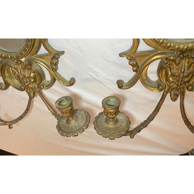 Pair Large Ornate Vintage Solid Brass Figural Cherub Wall Mirror Sconce Fixtures For Sale - Image 9 of 12