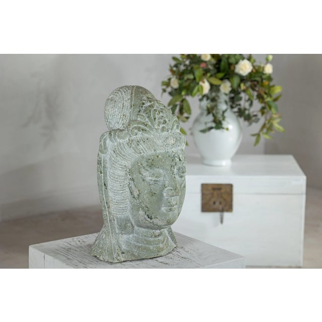Hand-Carved Vintage Chinese Stone Quán Yīn Head Sculpture with Natural Patina For Sale - Image 4 of 12