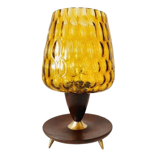 Mid-Century Danish Table Lamp in Amber Glass, Teak and Brass, 1970s For Sale
