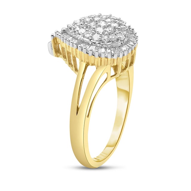 Contemporary 10K Yellow Gold 1/2 Cttw Round and Baguette-Cut Diamond Pear Ring, Size 7 For Sale - Image 3 of 6