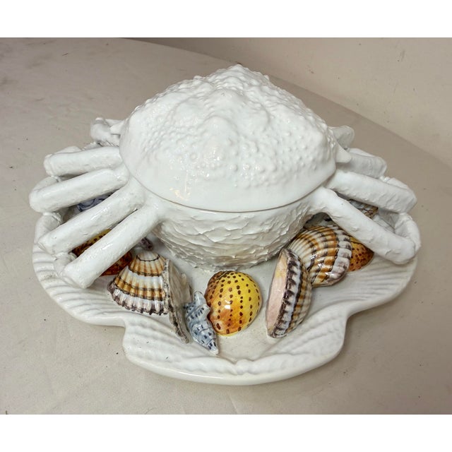 Vintage Handmade Italian White Majolica B. Altman Crab Clam Covered Pottery Dish For Sale - Image 4 of 14