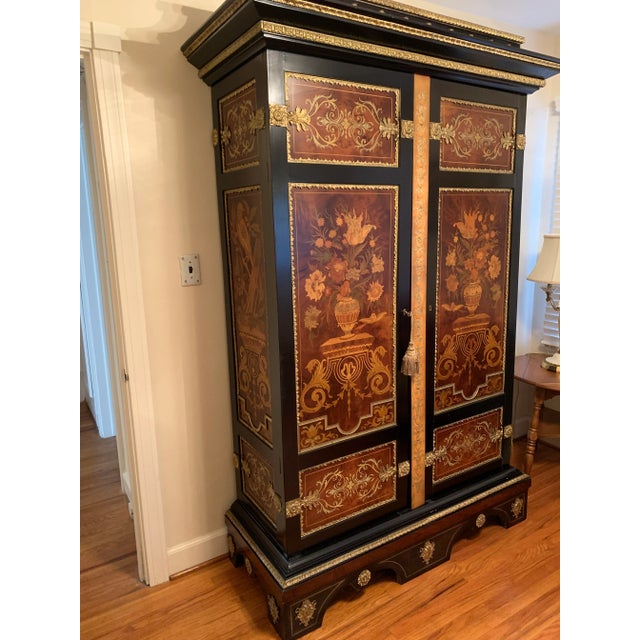 Spanish Mid 20th Century Spanish Armoire Featuring Fine Marquetry Panels and Brass Accents. For Sale - Image 3 of 10
