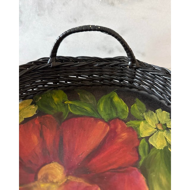 Black Vintage Oval Wicker Serving Tray With Hand Painted Floral Design For Sale - Image 8 of 9
