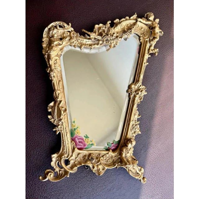 Antique Italian Rococo-Style Table Mirror With Gilded Metal Frame, Featuring Putti (Cherubs) Decor and Floral Painting For Sale - Image 13 of 13