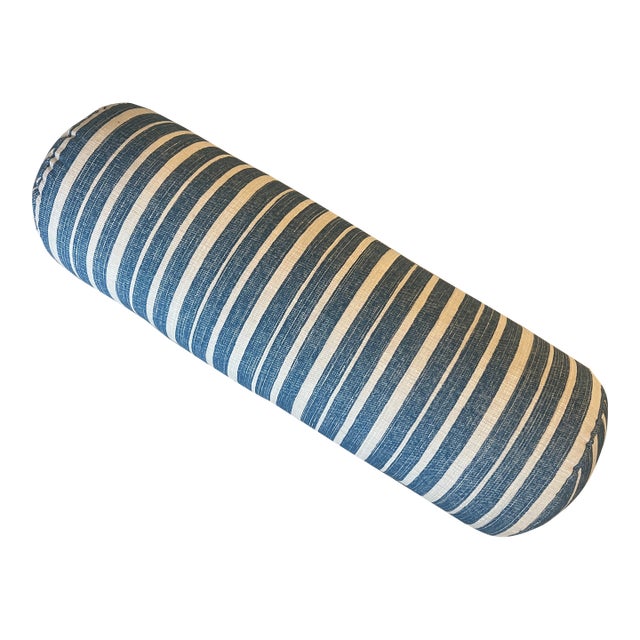 Custom Round Bolster Pillow in a Chic English Fermoie Cotton Stripe For Sale