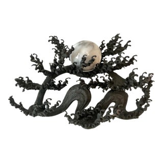 19th Century Signed Japanese Meiji Bronze Wave with Carrera Marble Sphere For Sale