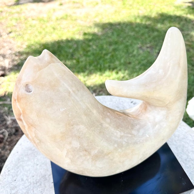 Vintage Modernist Hand Carved Marble Fish Sculpture or Black Laminate Base For Sale - Image 4 of 9