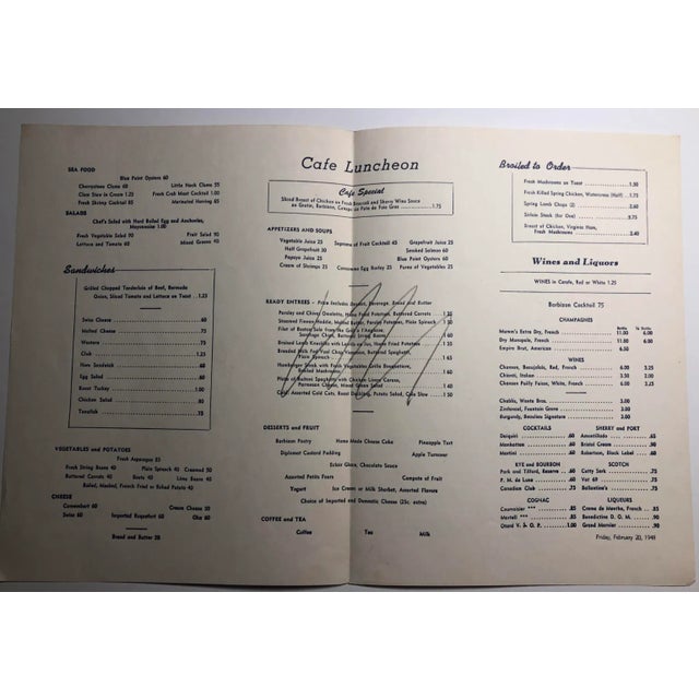 Friday, February 20, 1948 menu from New York's Barbizon Plaza Hotel Restaurant near Central Park on the Upper East Side....