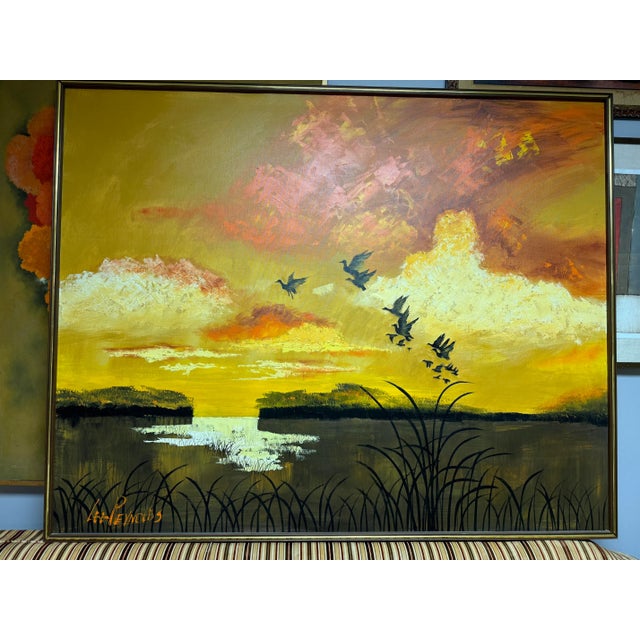 Orange Mid 20th Century Lee Reynolds Sunset Geese Painting, Framed For Sale - Image 8 of 9