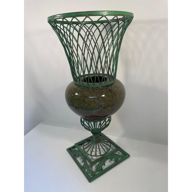 Vintage 1980s Wrought Iron and Ceramic Decorative Urn Planter Cachepot For Sale - Image 13 of 17