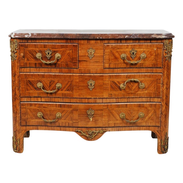 Striking French Louis XV Style Marble-Top Commode With Geometric Parquetry & Ormolu Mounts, Mid-20th Century For Sale