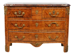 Striking French Louis XV Style Marble-Top Commode With Geometric Parquetry & Ormolu Mounts, Mid-20th Century