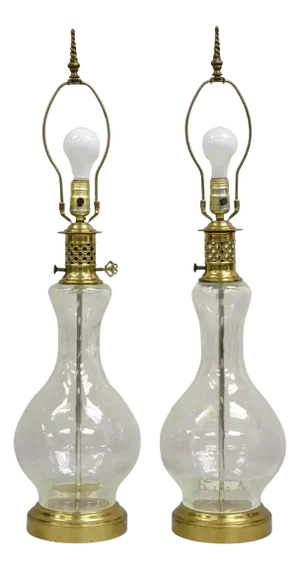 Vintage Victorian Lantern Style Shapely Bubble Glass Table Lamps - A Pair