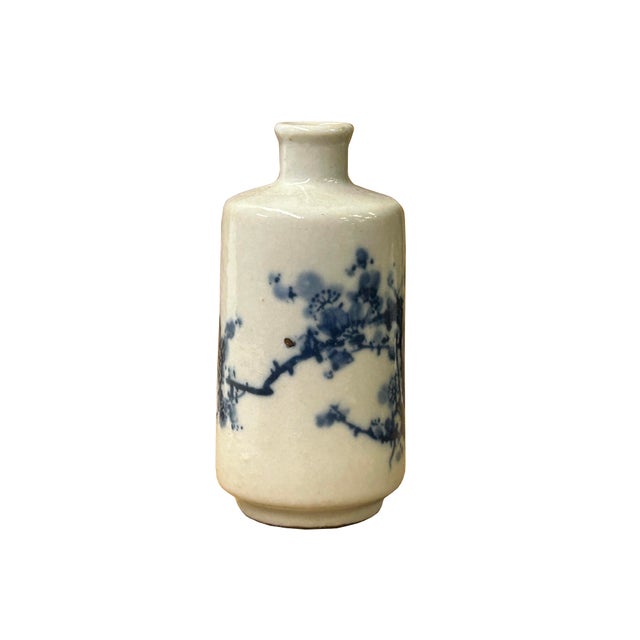 Asian Small Blue White Handpaint Blossom Tree Scenery Graphic Porcelain Vase For Sale - Image 3 of 9