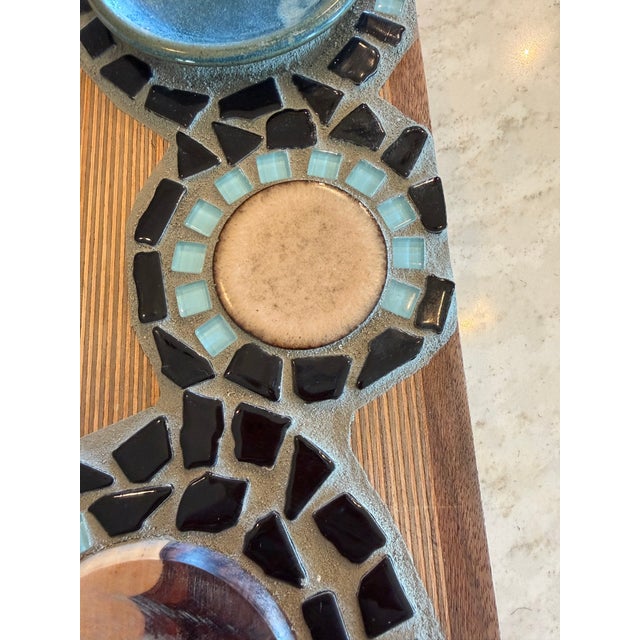 Stunning mid-century studio craft piece featuring a hand-applied mosaic of black ceramic tile and aqua glass tile...