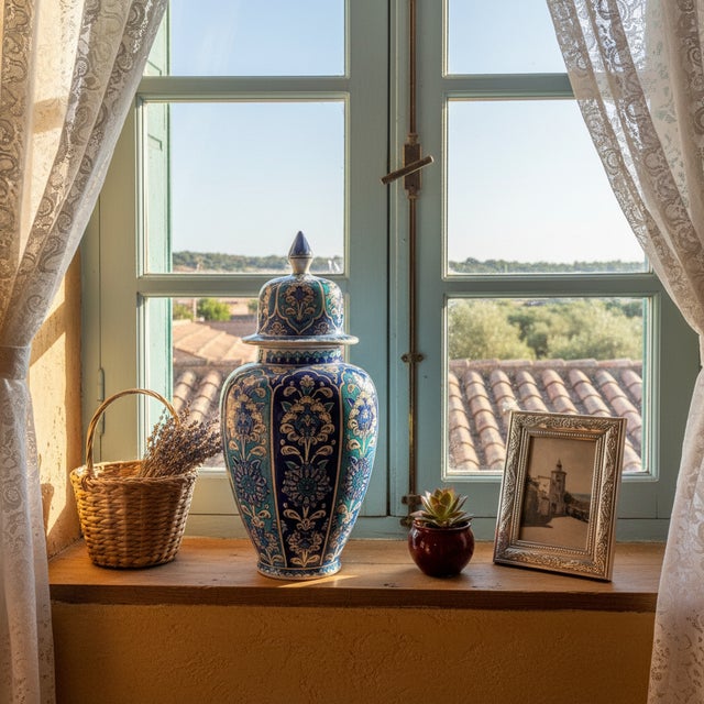 Handmade Ceramic Shah Vase (30cm) Turquoise and Dark Blue Vertical Panels Temple Jar For Sale - Image 4 of 8