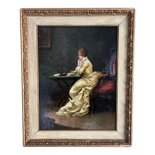 Early 20th Century B. Troncoso “Lady in Yellow at Her Desk” – After Thomas Wilmer Dewing Elegant Gilded Age Interior Scene For Sale